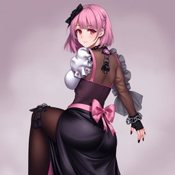 An alluring image of a realistic sexy gothic anime maid/slave girl, displaying a flustered subtle smile complemented by a gentle blush on her cheeks