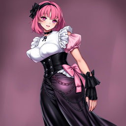 An alluring image of a realistic sexy gothic anime maid/slave girl, displaying a flustered subtle smile complemented by a gentle blush on her cheeks