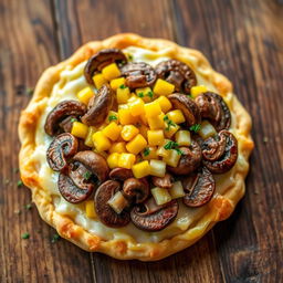 An enticing culinary creation featuring layers of sautéed mushrooms and sweet corn artistically placed atop a golden, cheesy crust