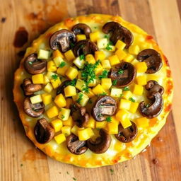 An enticing culinary creation featuring layers of sautéed mushrooms and sweet corn artistically placed atop a golden, cheesy crust