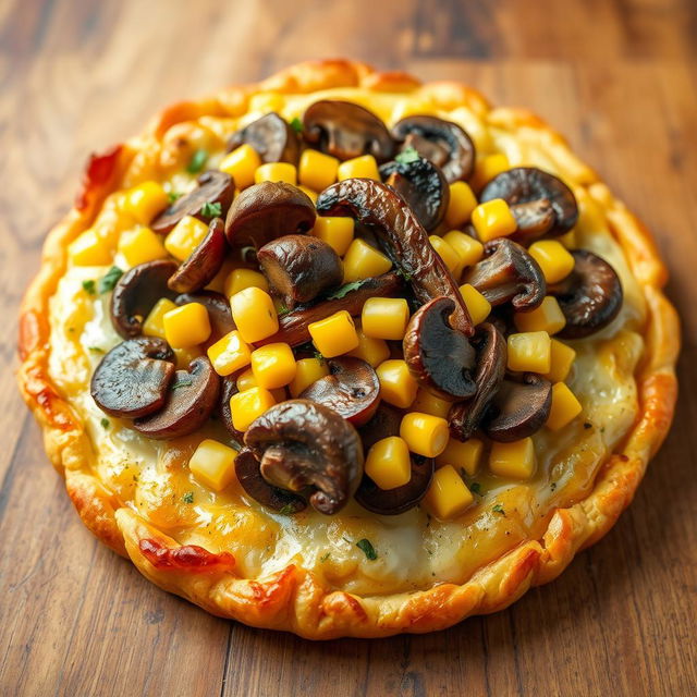 An enticing culinary creation featuring layers of sautéed mushrooms and sweet corn artistically placed atop a golden, cheesy crust