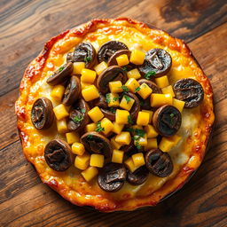 An enticing culinary creation featuring layers of sautéed mushrooms and sweet corn artistically placed atop a golden, cheesy crust