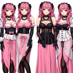 A striking composition of four realistic sexy gothic anime maid/slave girls, each displaying a flustered subtle smile with a blush on their cheeks