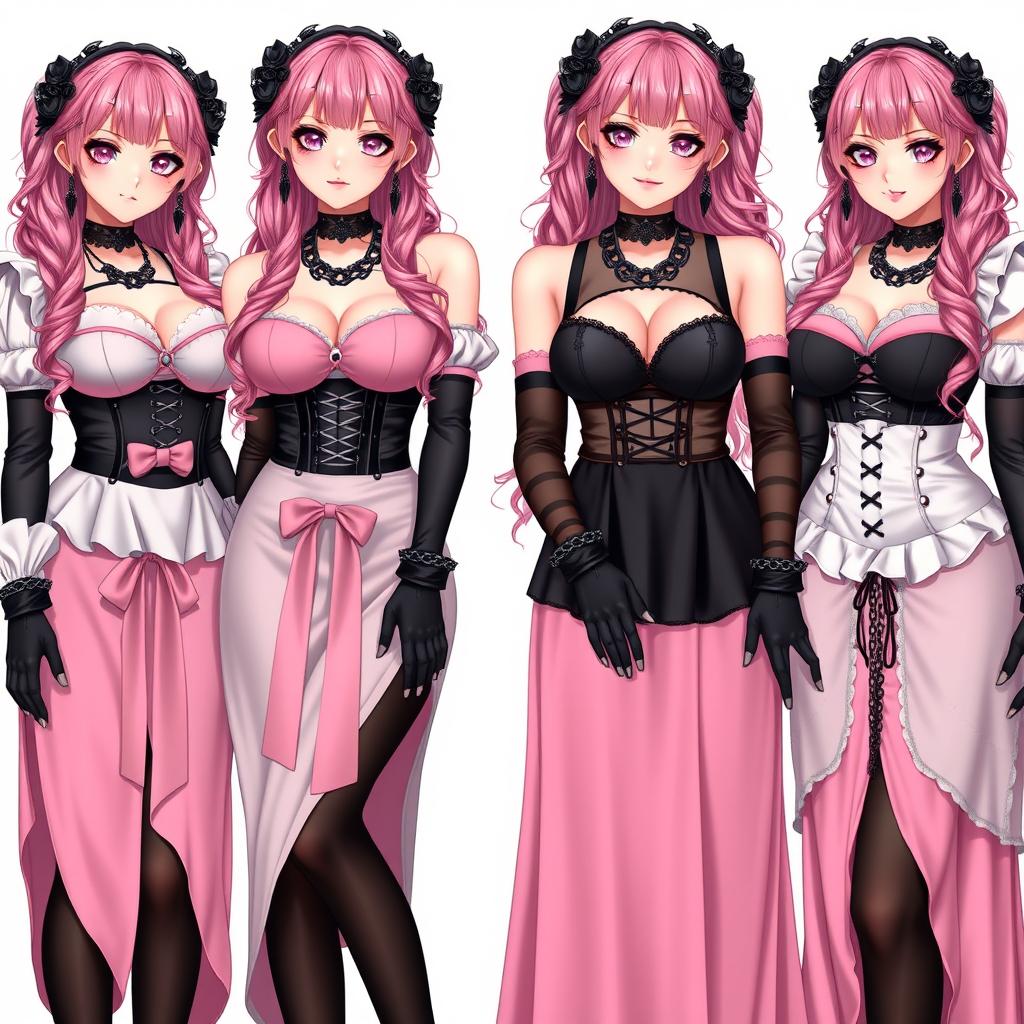 A striking composition of four realistic sexy gothic anime maid/slave girls, each displaying a flustered subtle smile with a blush on their cheeks