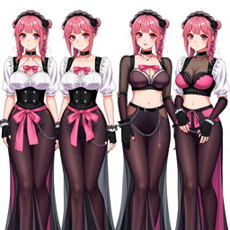 A striking composition of four realistic sexy gothic anime maid/slave girls, each displaying a flustered subtle smile with a blush on their cheeks