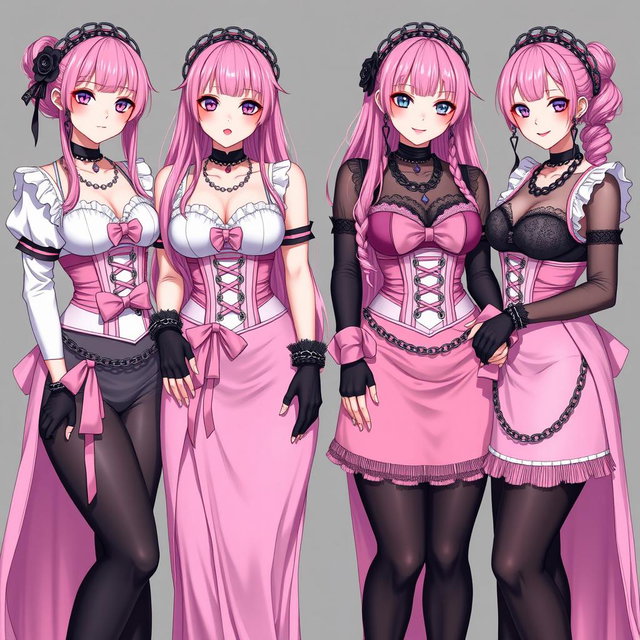 A striking composition of four realistic sexy gothic anime maid/slave girls, each displaying a flustered subtle smile with a blush on their cheeks