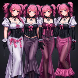 A striking composition of four realistic sexy gothic anime maid/slave girls, each displaying a flustered subtle smile with a blush on their cheeks