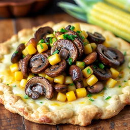 A delectable dish showcasing layers of sautéed mushrooms and freshly harvested sweet corn, arranged beautifully over a rich, cheesy crust