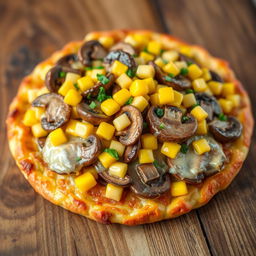 A delectable dish showcasing layers of sautéed mushrooms and freshly harvested sweet corn, arranged beautifully over a rich, cheesy crust