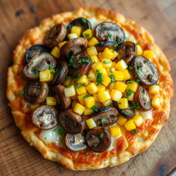A delectable dish showcasing layers of sautéed mushrooms and freshly harvested sweet corn, arranged beautifully over a rich, cheesy crust