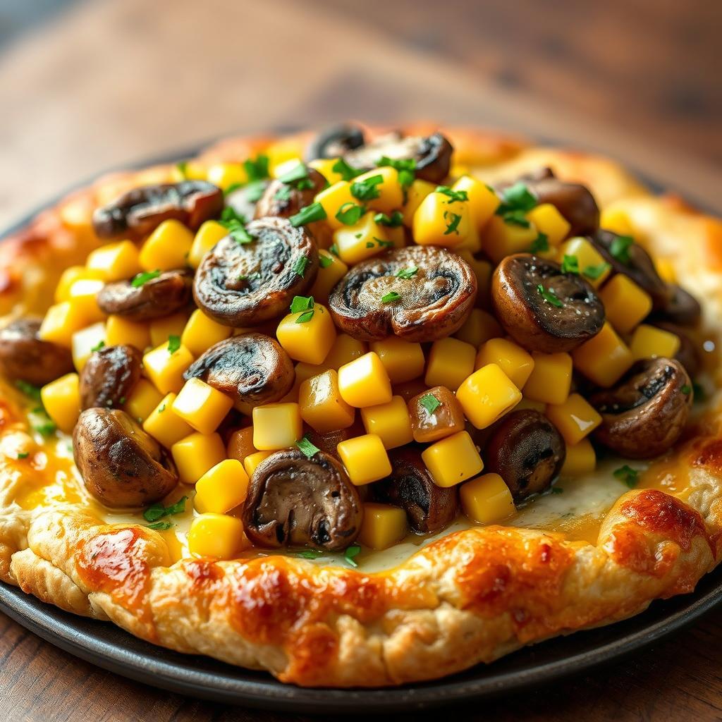 A delectable dish showcasing layers of sautéed mushrooms and freshly harvested sweet corn, arranged beautifully over a rich, cheesy crust