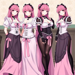 A vivid scene featuring four realistic sexy gothic anime maid/slave girls, each with a flustered subtle smile accompanied by a blush