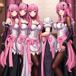 A vivid scene featuring four realistic sexy gothic anime maid/slave girls, each with a flustered subtle smile accompanied by a blush