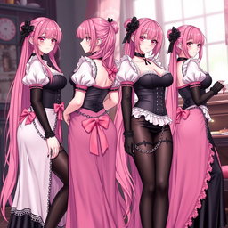 A vivid scene featuring four realistic sexy gothic anime maid/slave girls, each with a flustered subtle smile accompanied by a blush