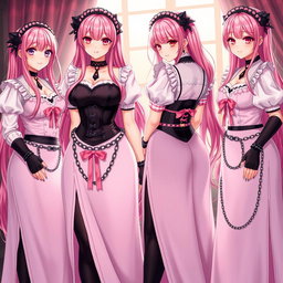 A vivid scene featuring four realistic sexy gothic anime maid/slave girls, each with a flustered subtle smile accompanied by a blush