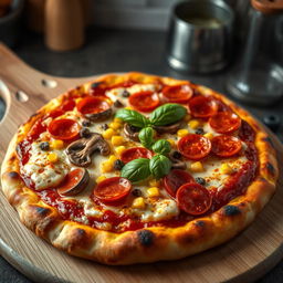 A hyper-realistic depiction of a gourmet pizza, featuring a golden-brown crust that's perfectly crispy with a slight char