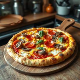 A hyper-realistic depiction of a gourmet pizza, featuring a golden-brown crust that's perfectly crispy with a slight char