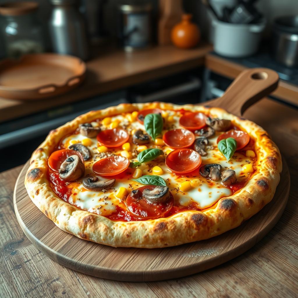 A hyper-realistic depiction of a gourmet pizza, featuring a golden-brown crust that's perfectly crispy with a slight char