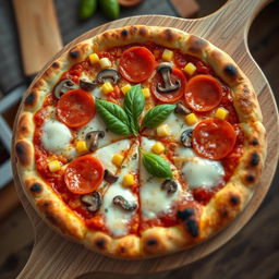 A hyper-realistic depiction of a gourmet pizza, featuring a golden-brown crust that's perfectly crispy with a slight char