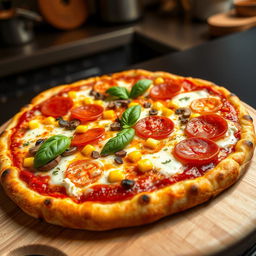 A hyper-realistic depiction of a gourmet pizza, featuring a golden-brown crust that's perfectly crispy with a slight char