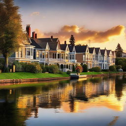 Generate a high resolution image of a picturesque summer sunset in a serene coastal town, with Victorian-style houses lining the streets and verdant trees reflecting the golden hues of the setting sun.