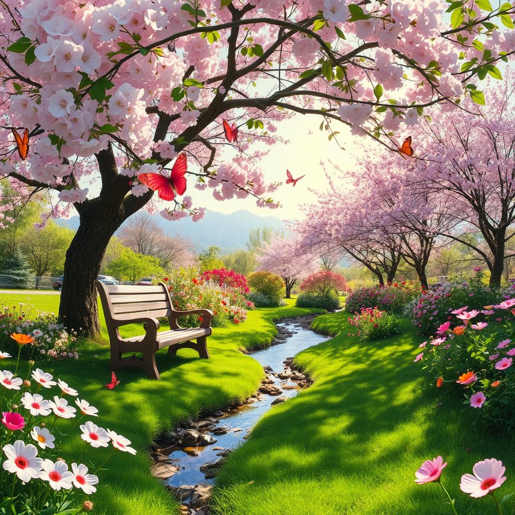 The serene beauty of a tranquil garden in spring, with blooming flowers of various colors, lush green grass, and a gentle stream flowing through