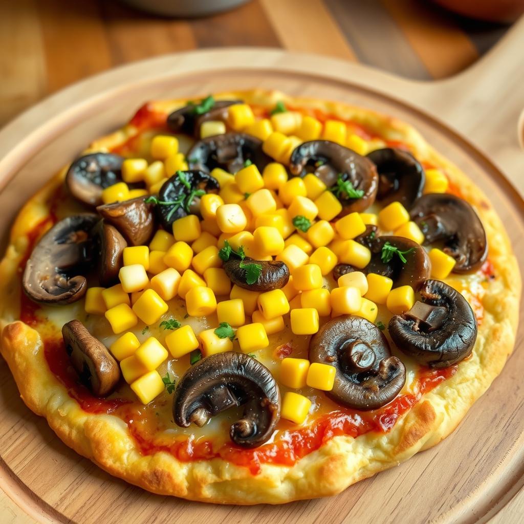 A vibrant and appetizing composition featuring layers of sautéed mushrooms and sweet corn artfully arranged on a golden, cheesy pizza crust