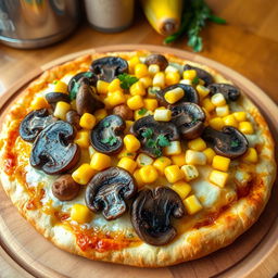 A vibrant and appetizing composition featuring layers of sautéed mushrooms and sweet corn artfully arranged on a golden, cheesy pizza crust