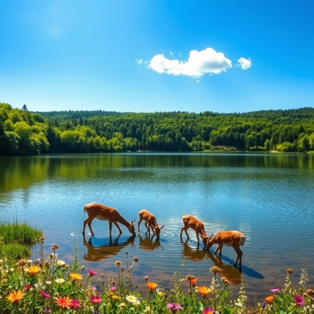 A serene landscape featuring a tranquil lake surrounded by lush green forests under a clear blue sky