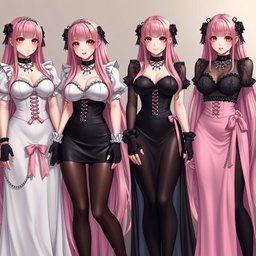 A captivating scene featuring four realistic sexy gothic anime maid/slave girls, each adorned with a flustered subtle smile and a touch of blush on their cheeks