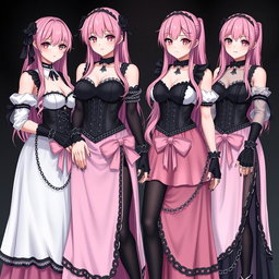 A captivating scene featuring four realistic sexy gothic anime maid/slave girls, each adorned with a flustered subtle smile and a touch of blush on their cheeks