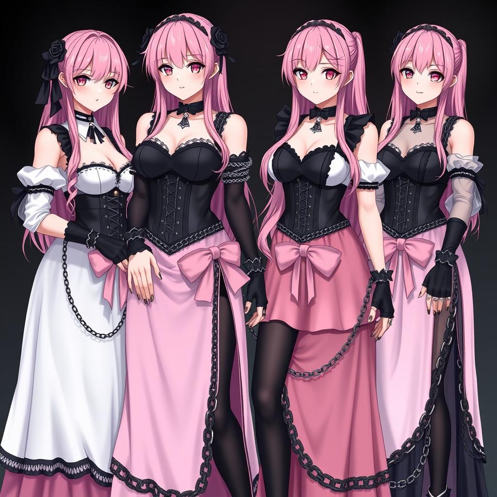 A captivating scene featuring four realistic sexy gothic anime maid/slave girls, each adorned with a flustered subtle smile and a touch of blush on their cheeks