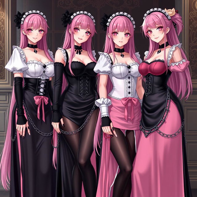 A captivating scene featuring four realistic sexy gothic anime maid/slave girls, each adorned with a flustered subtle smile and a touch of blush on their cheeks