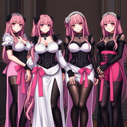 A captivating scene featuring four realistic sexy gothic anime maid/slave girls, each adorned with a flustered subtle smile and a touch of blush on their cheeks