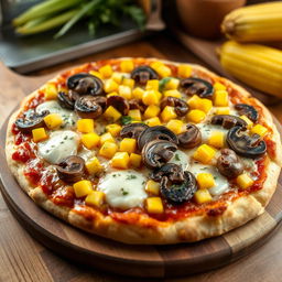 An appetizing gourmet pizza featuring a perfectly baked golden-brown crust topped with layers of sautéed mushrooms and accurately shaped, vibrant yellow sweet corn kernels