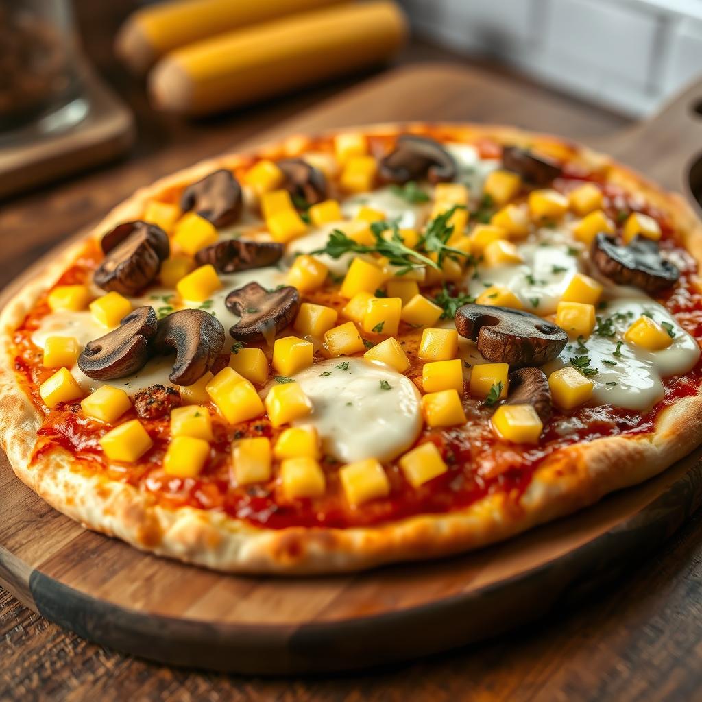 An appetizing gourmet pizza featuring a perfectly baked golden-brown crust topped with layers of sautéed mushrooms and accurately shaped, vibrant yellow sweet corn kernels