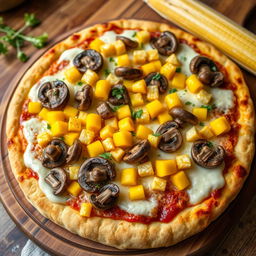 An appetizing gourmet pizza featuring a perfectly baked golden-brown crust topped with layers of sautéed mushrooms and accurately shaped, vibrant yellow sweet corn kernels