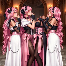 A captivating and romantic scene featuring four realistic sexy gothic anime maid/slave girls sharing tender kisses with flustered subtle smiles adorned with blush