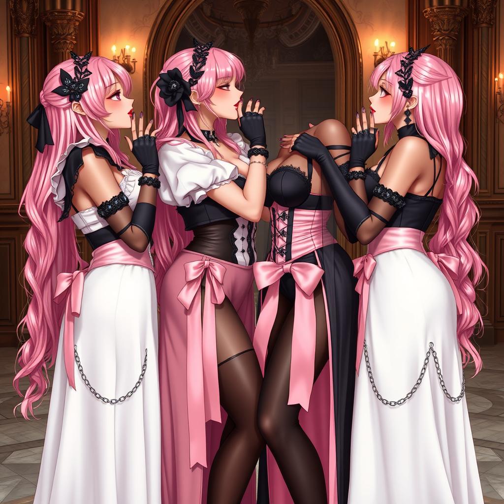 A captivating and romantic scene featuring four realistic sexy gothic anime maid/slave girls sharing tender kisses with flustered subtle smiles adorned with blush