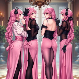 A captivating and romantic scene featuring four realistic sexy gothic anime maid/slave girls sharing tender kisses with flustered subtle smiles adorned with blush