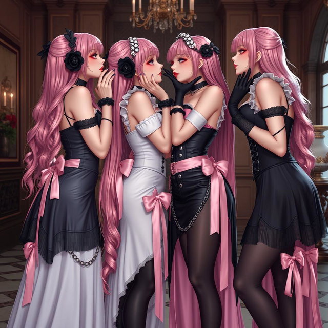 A captivating and romantic scene featuring four realistic sexy gothic anime maid/slave girls sharing tender kisses with flustered subtle smiles adorned with blush