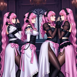 A captivating and romantic scene featuring four realistic sexy gothic anime maid/slave girls sharing tender kisses with flustered subtle smiles adorned with blush