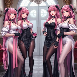 A striking scene featuring four realistic sexy gothic anime dominatrix girls, each wearing a flustered subtle smile adorned with blush