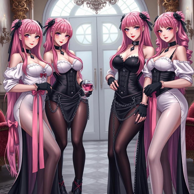 A striking scene featuring four realistic sexy gothic anime dominatrix girls, each wearing a flustered subtle smile adorned with blush