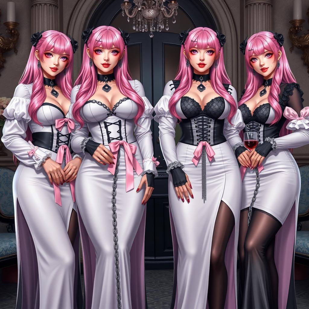 A striking scene featuring four realistic sexy gothic anime dominatrix girls, each wearing a flustered subtle smile adorned with blush