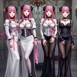 A striking scene featuring four realistic sexy gothic anime dominatrix girls, each wearing a flustered subtle smile adorned with blush