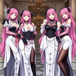 A striking scene featuring four realistic sexy gothic anime dominatrix girls, each wearing a flustered subtle smile adorned with blush