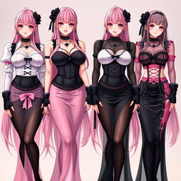A stunning scene featuring four sexy gothic anime dominatrix girls, each displaying a flustered subtle smile complemented by blush on their cheeks