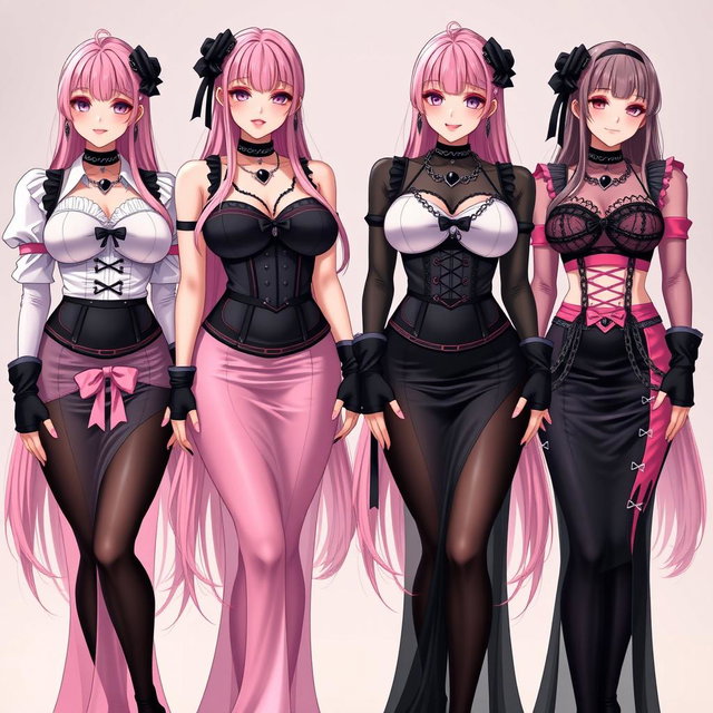 A stunning scene featuring four sexy gothic anime dominatrix girls, each displaying a flustered subtle smile complemented by blush on their cheeks