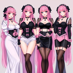 A stunning scene featuring four sexy gothic anime dominatrix girls, each displaying a flustered subtle smile complemented by blush on their cheeks